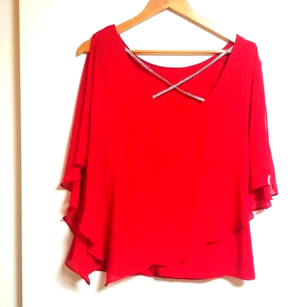 ❤ ❤️ Chaus Red Sheer Split Sleeve w/ Rhinestone strap